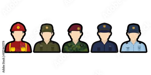 Guard Figures Flat Vector Icons set of Police, Soldier, Army, Fire Fighter, Warden, Security