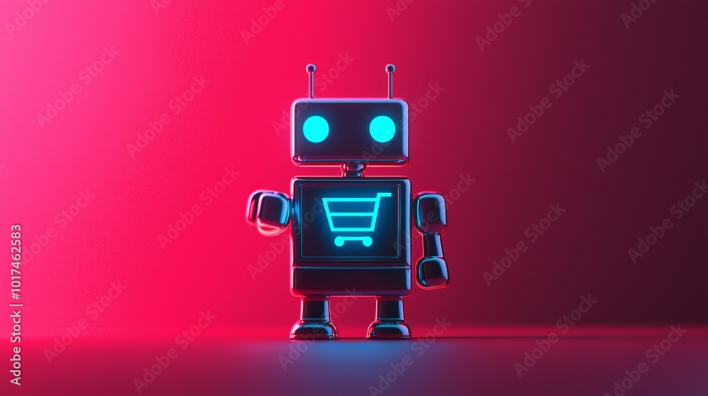 Fototapeta premium A futuristic robot with glowing features stands against a vibrant red background, symbolizing innovation and automation.