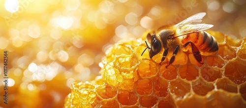 A close-up of a honey bee on a honeycomb, with a blurred background of golden light.