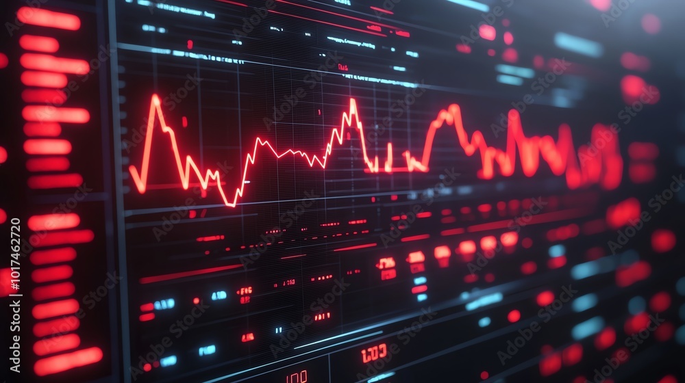Fototapeta premium Dynamic red waveform graph visualizing data trends on a digital display.