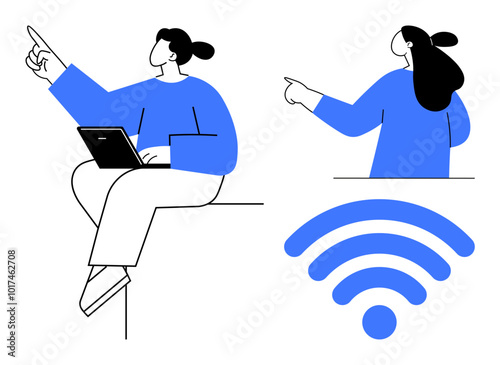 Two people in blue attire with a minimalist design focus on using technology for communication. One person has a laptop on their lap both pointing. Ideal for technology work communication networking