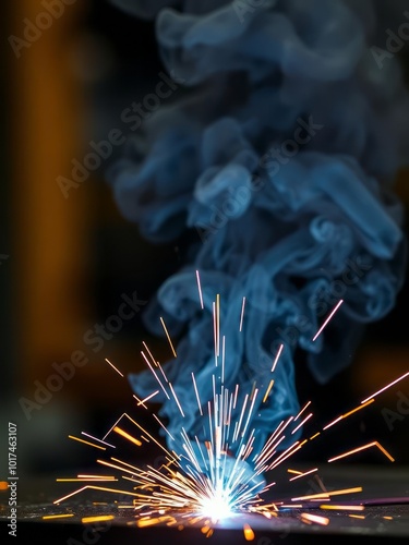 Close up view and background of the gas metal arc welding (gmaw) process with sparks light bokeh effect and smoke Smoke Explosion Backdrop photo