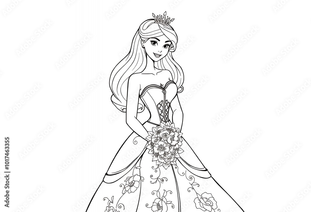 Fototapeta premium Beautiful Princess in a Gown with a Bouquet of Flowers
