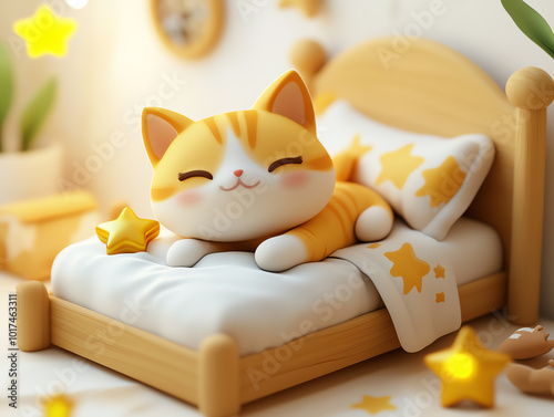 Adorable cartoon cat sleeping on a cozy bed surrounded by soft, glowing star-shaped lights in a peaceful bedroom setting.
