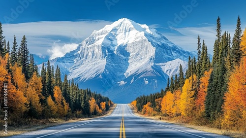 Scenic Road Through Autumn Trees Leading to a Snowy Mountain Peak