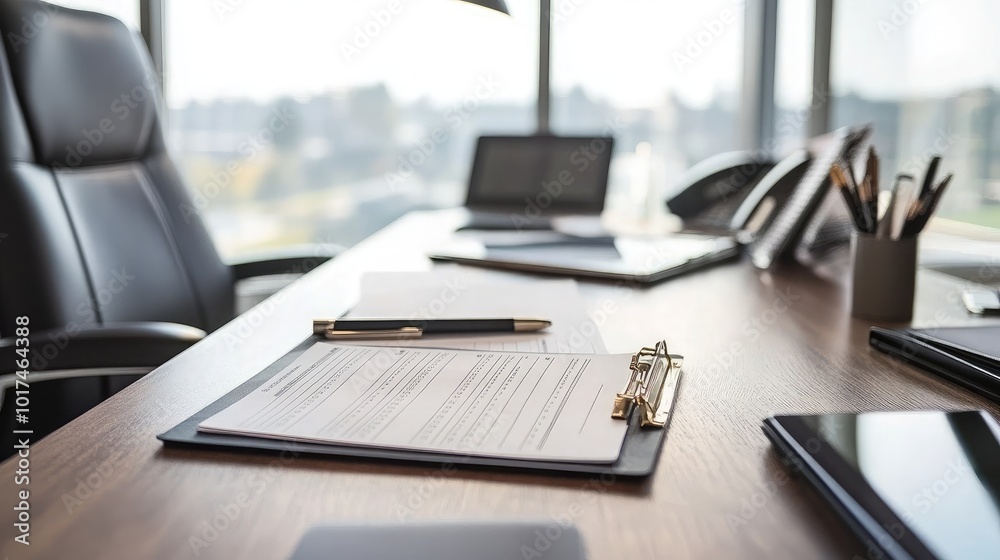 Modern Office Workspace with Documents and Technology Modern Office Workspace with Documents and Technology