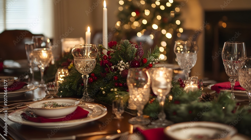 Festive Christmas Table Setting with Candles and Greenery Festive Christmas Table Setting with Candles and Greenery
