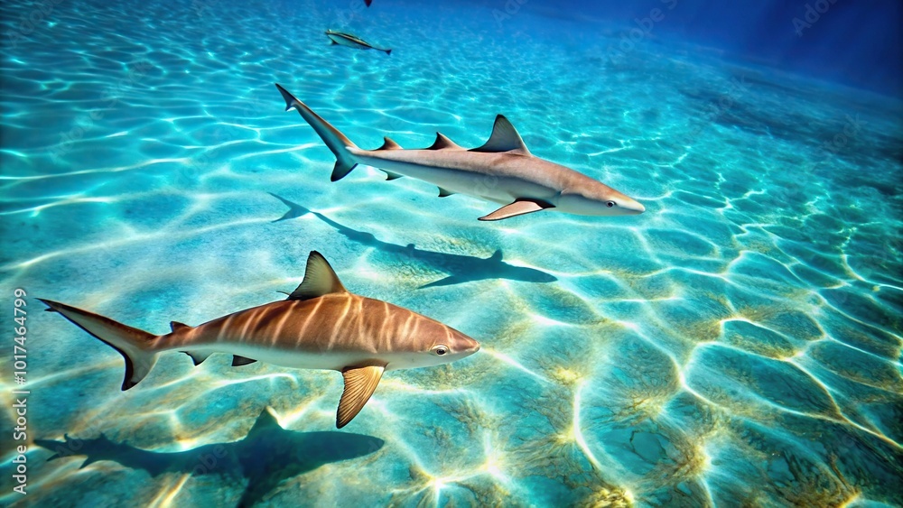 Fototapeta premium Aerial view of Caribbean reef shark and Lemon shark in clear coastal water