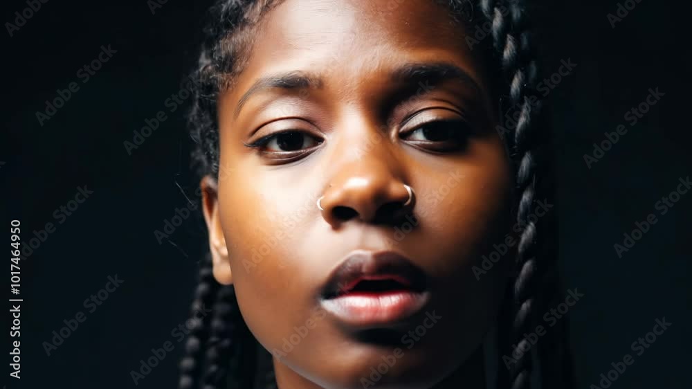 Close-up video of a young Black woman with braided hair, transitioning from confusion to clarity against a black background, with dramatic side lighting, static camera movement Close-up video of a young Black woman with braided hair, transitioning from confusion to clarity against a black background, with dramatic side lighting, static camera movement