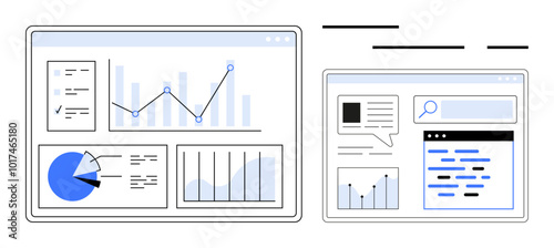 Data dashboard with different charts including bar graph, line graph, and pie chart. Idel for business analytics, data visualization, performance tracking, and reporting. Modern minimal style