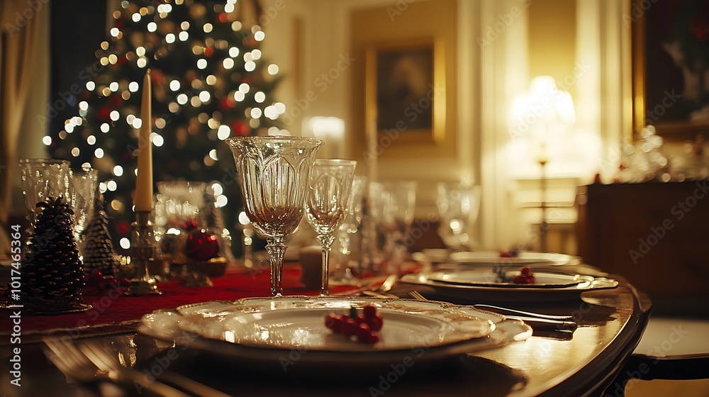 A Festive Table Setting with a Blurred Christmas Tree in the Background A Festive Table Setting with a Blurred Christmas Tree in the Background