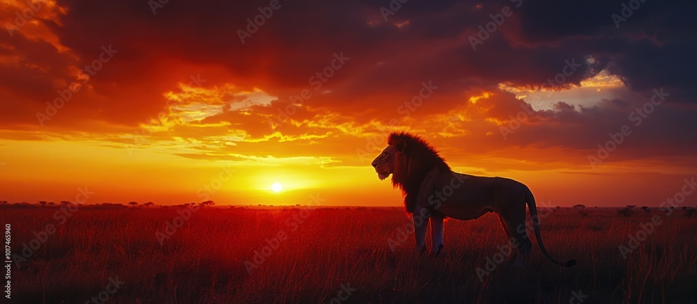 Majestic lion silhouette standing in a field at sunset. Majestic lion silhouette standing in a field at sunset.