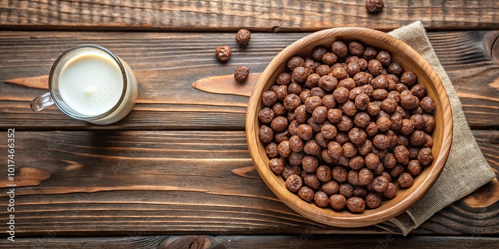 Aerial view of a wooden bowl with cereal and chocolate milk for breakfast Aerial view of a wooden bowl with cereal and chocolate milk for breakfast