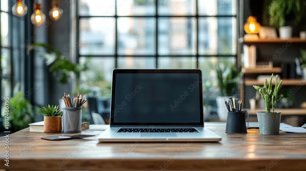 Laptop on a Wooden Desk in a Modern Office Laptop on a Wooden Desk in a Modern Office
