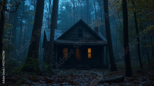 An old broken down cabin in the woods with lights on Halloween feel