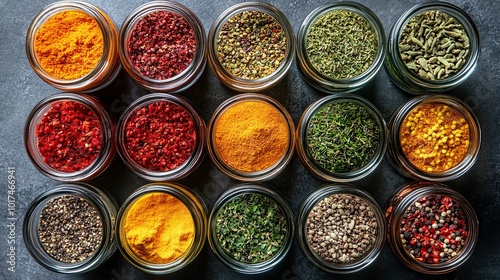 A Collection of Aromatic Spices and Herbs in Glass Jars