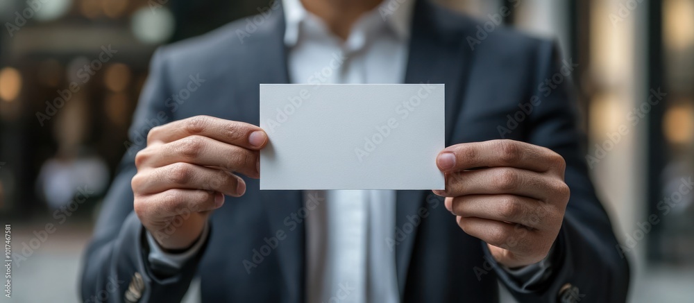 A businessman holds up a blank white card in front of a blurred background. A businessman holds up a blank white card in front of a blurred background.