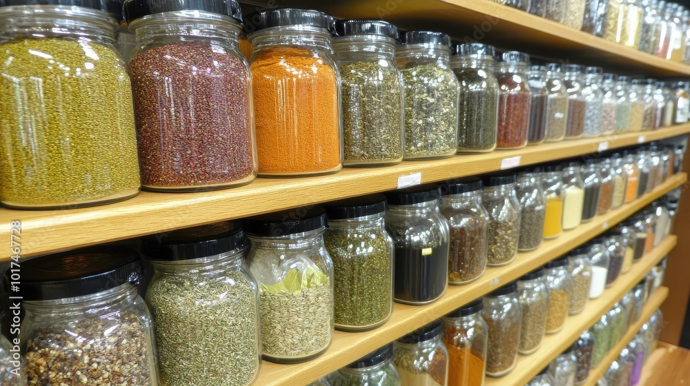 Colorful Spice Jars on Wooden Shelves