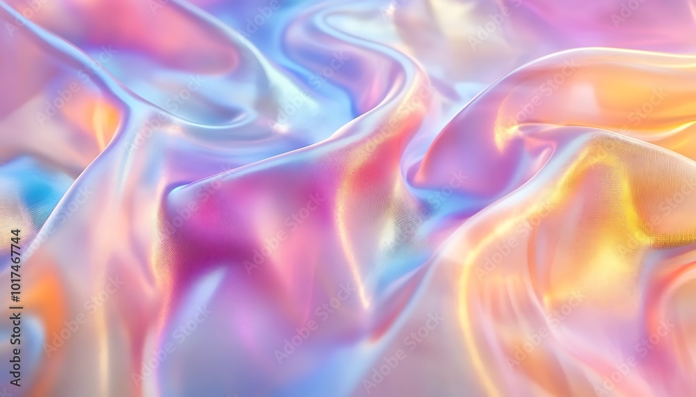 Obraz premium A vibrant, flowing fabric with soft, iridescent waves in pastel colors, creating a dreamy and ethereal visual effect.
