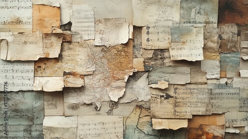 A Collage of Torn and Faded Papers Featuring Musical Notes and a Map