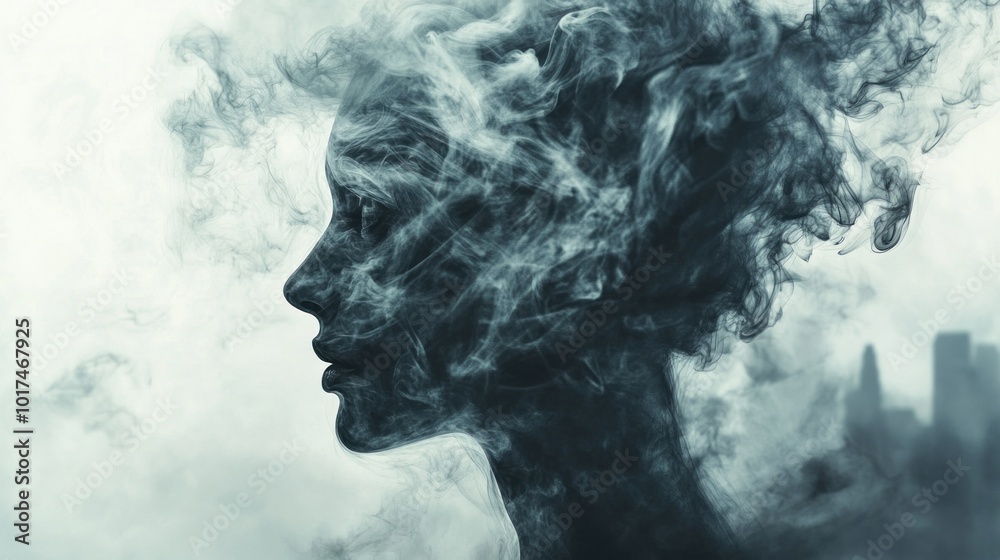 A silhouette of a woman's profile filled with swirling smoke, evoking mystery and introspection. A silhouette of a woman's profile filled with swirling smoke, evoking mystery and introspection.