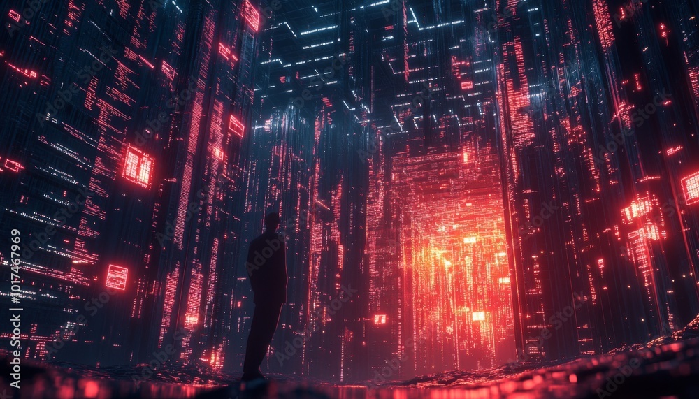 Naklejka premium A lone figure stands in a futuristic, digital landscape, illuminated by glowing red and blue lights.