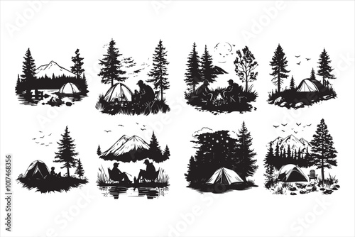Camping silhouette set, Mountain landscape, hand drawn style, vector illustration.