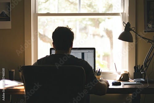 Man seen working on computer, shot from behind. 