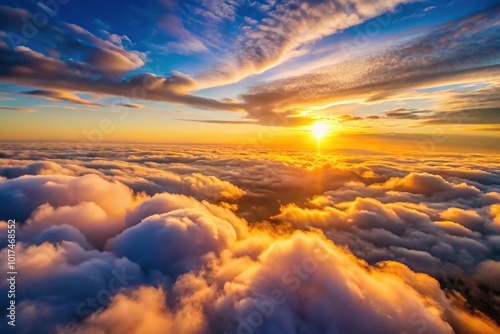 Aerial sunset photograph with golden hour light behind clouds photo