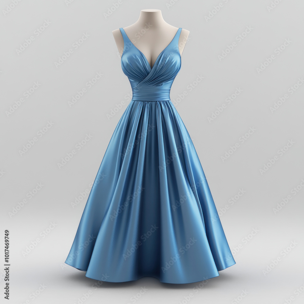 Blue satin evening gown with a v-neckline and long train. Blue satin evening gown with a v-neckline and long train.
