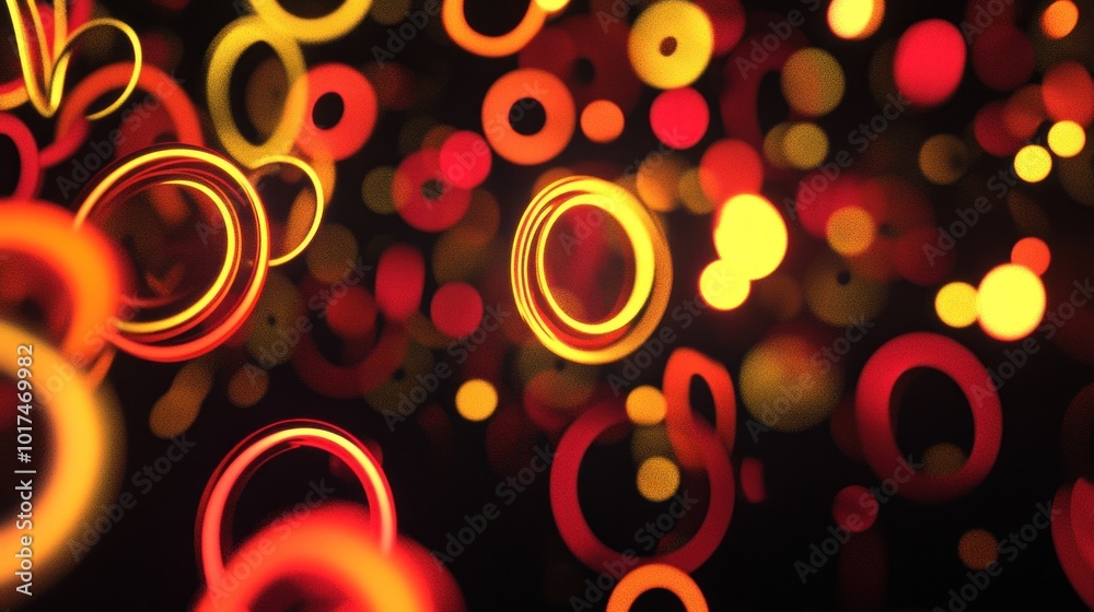 Abstract composition of glowing circles in red and yellow hues against a dark background. Abstract composition of glowing circles in red and yellow hues against a dark background.