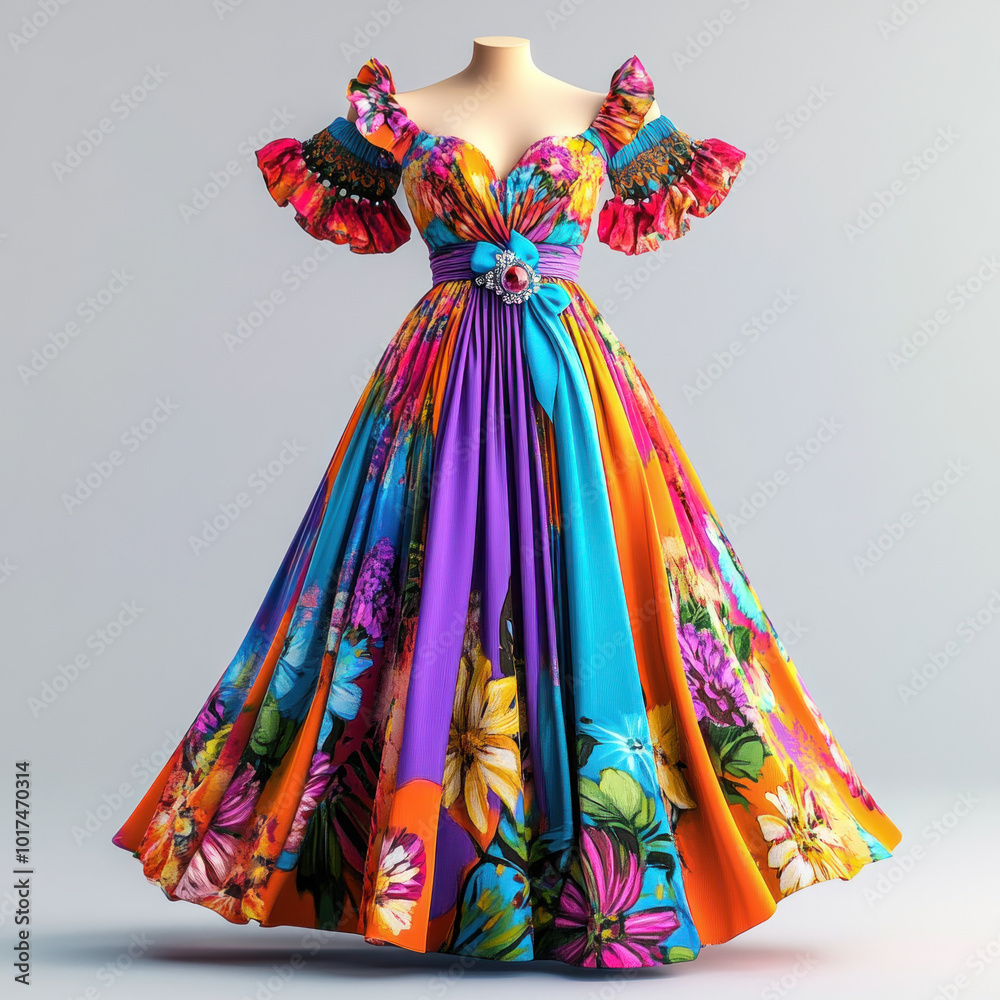 Obraz premium Colorful dress with floral pattern on front, hanging on a clothesline against a clear blue sky on a sunny day.