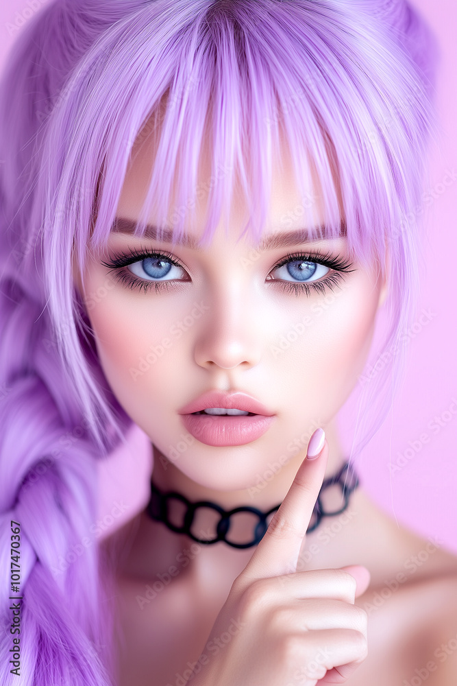 A woman with purple hair and blue eyes is wearing a black necklace and pointing her finger. The image has a playful and whimsical mood, as the woman's purple hair A woman with purple hair and blue eyes is wearing a black necklace and pointing her finger. The image has a playful and whimsical mood, as the woman's purple hair