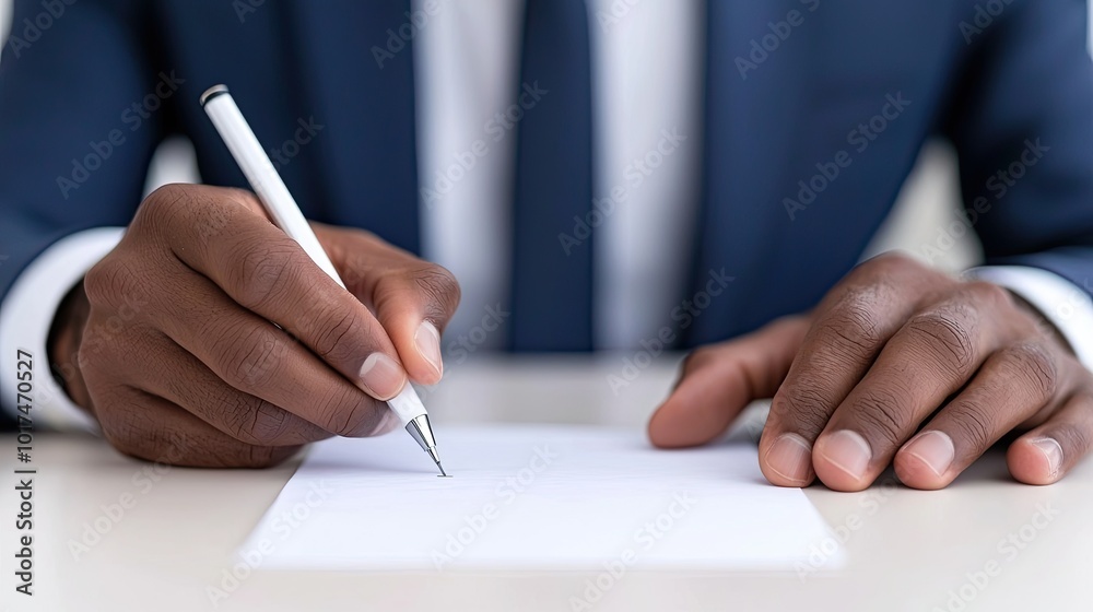 A close-up of a person's hands holding a pen, writing on a blank sheet of paper while dressed in a formal suit. A close-up of a person's hands holding a pen, writing on a blank sheet of paper while dressed in a formal suit.