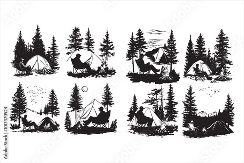 Camping silhouette set, Mountain landscape, hand drawn style, vector illustration.