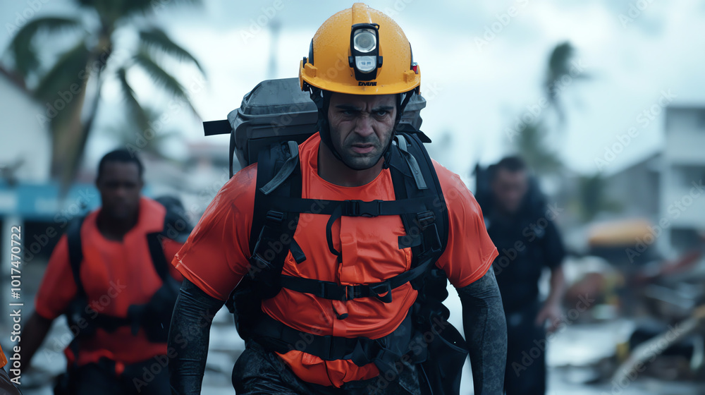 Rescue workers in action during a disaster recovery operation. Rescue workers in action during a disaster recovery operation.