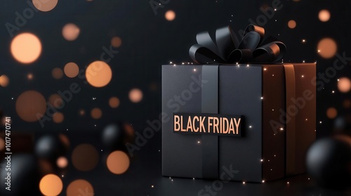 Black Friday gift box with sparkling edges, radiating light and mystery, surrounded by twinkling bokeh