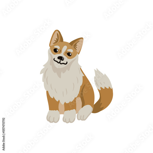 vector drawing cute puppy, sitting little dog, welsh corgi at white background, hand drawn illustration