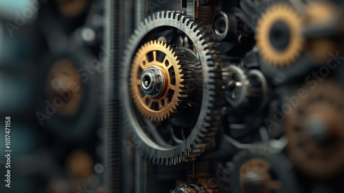 Intricate depiction of clockwork mechanism featuring detailed gears and cogs, showcasing beauty of mechanical engineering and craftsmanship