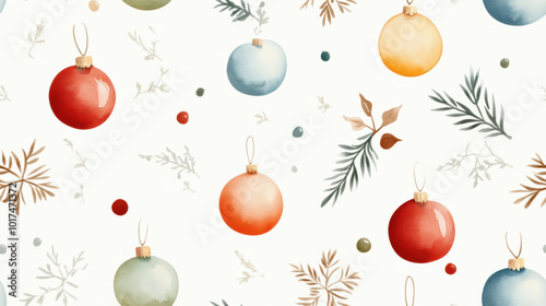 Delicate watercolor Christmas ornaments in pastel colors create festive and cheerful atmosphere, perfect for holiday decorations and seasonal celebrations