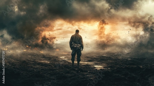 A lone soldier stands amidst a dramatic, smoky battlefield at sunset. photo