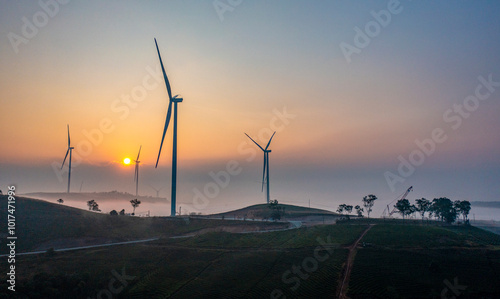 Morning landscape with magical mist over the city