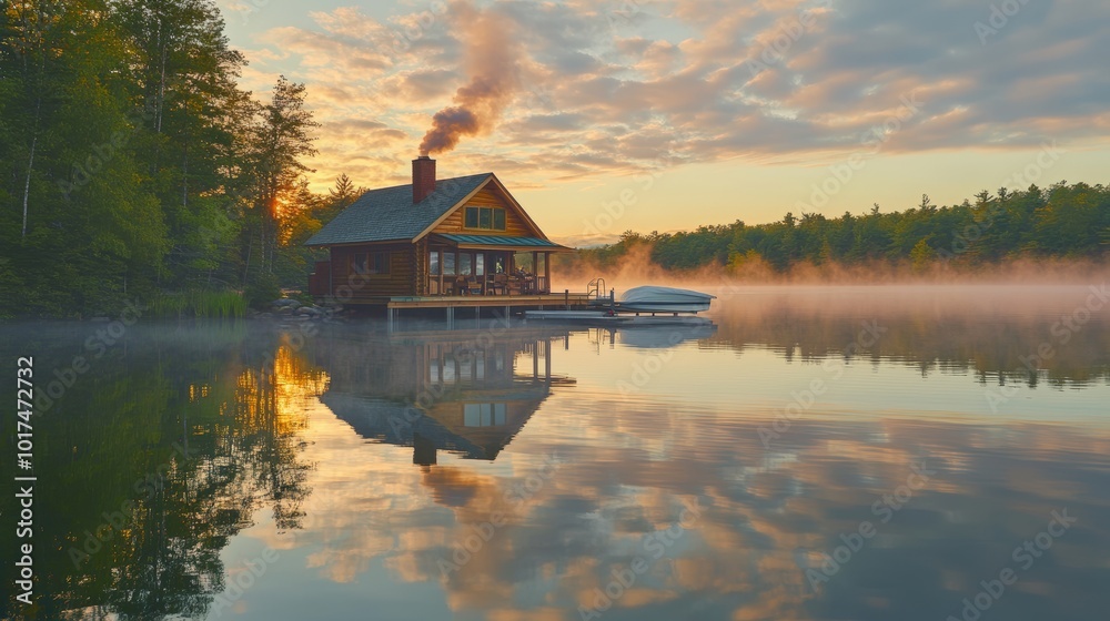 Fototapeta premium Cabin on lake, foggy morning, boat dock.