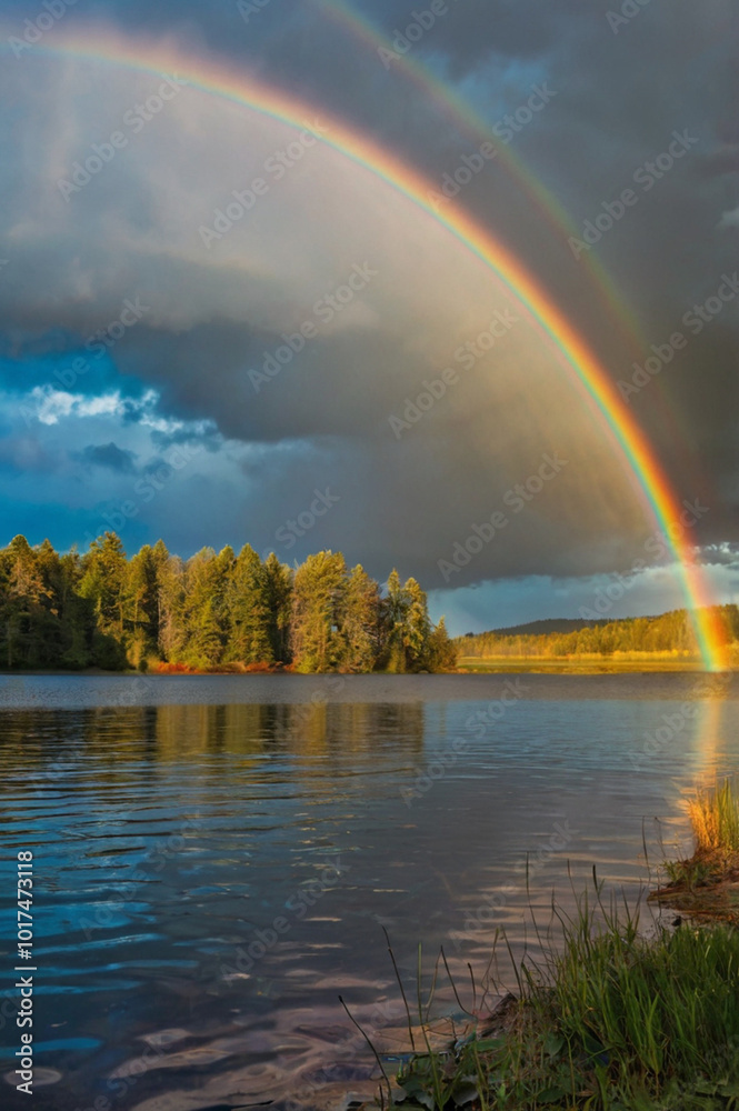 A vibrant rainbow arches over a serene lake surrounded by misty mountains and lush greenery at dawn A vibrant rainbow arches over a serene lake surrounded by misty mountains and lush greenery at dawn
