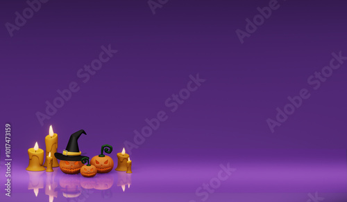 3D Render halloween pumpkin with candles on purple  background with copy space for promotion, advertiser or presentation  photo