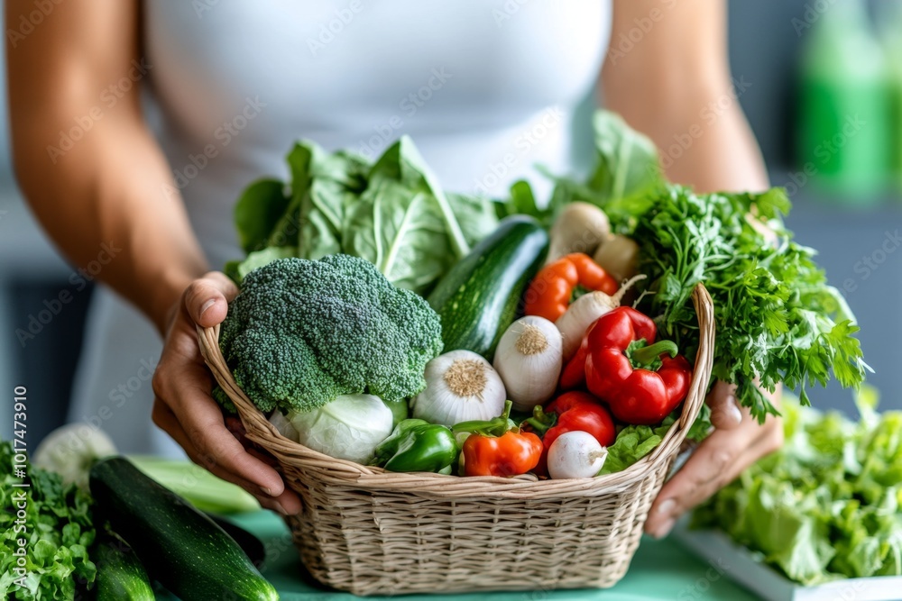 Fototapeta premium A person with a small grocery basket containing only fresh vegetables and a few essential items, representing the simplicity of essentialism in daily living