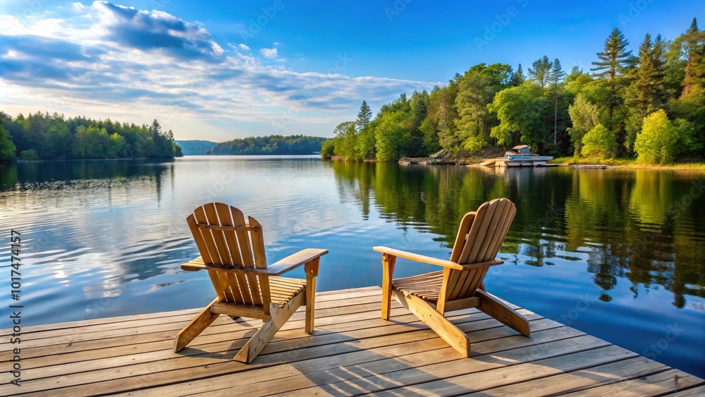 Fototapeta premium Adirondack chairs on dock overlooking water at cottage