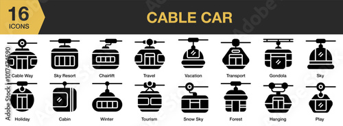 Cable Car solid icon set. Includes Cabin, Cable, Car, Rope, Transport, Travel, and More. Solid icons vector collection.