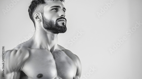 Close-up of black and white portrait of athletic muscular body with strong chest and abs. Sport, lifestyle.