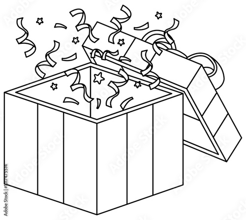 Outline Surprise Red Big Cube Opened Gift Box on White Background